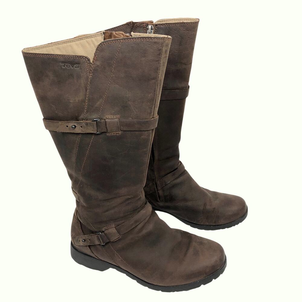 Teva De La Vina Boots Womens 7 Brown Waterproofโ Leather Buckle Tall Riding
